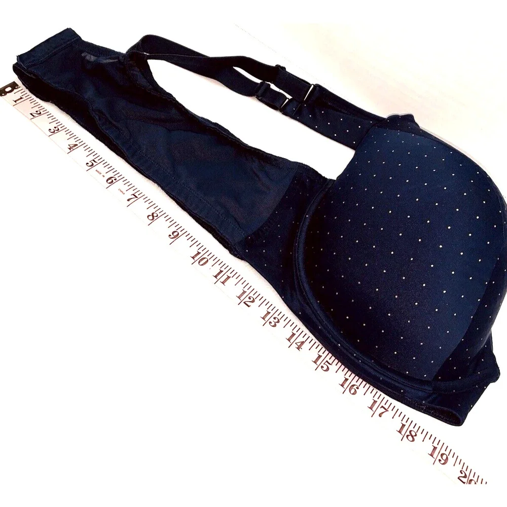 50C Catherines Intimates Plunge Bra Blue Gold Polka Dots Underwire 99249 Pad EUC